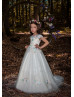 Ivory Lace Tulle Keyhole Back Long Flower Girl Dress